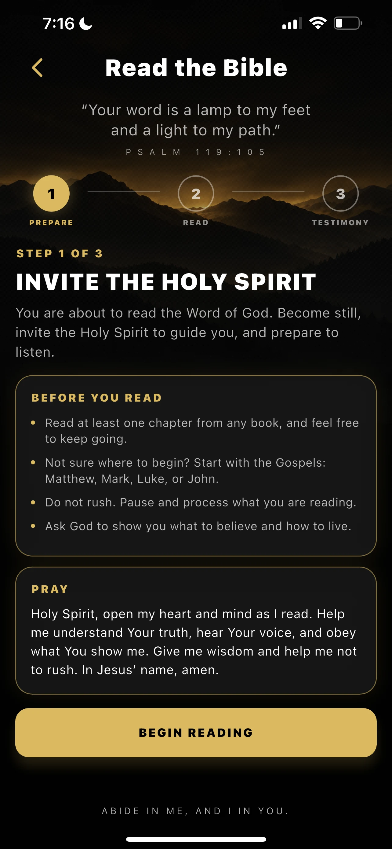 Full iPhone screen for Bible step 1, Invite the Holy Spirit