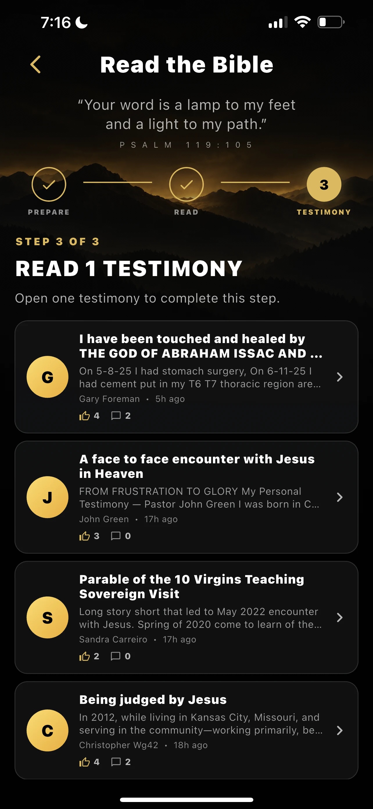 Full iPhone screen for Bible step 3, Read one testimony