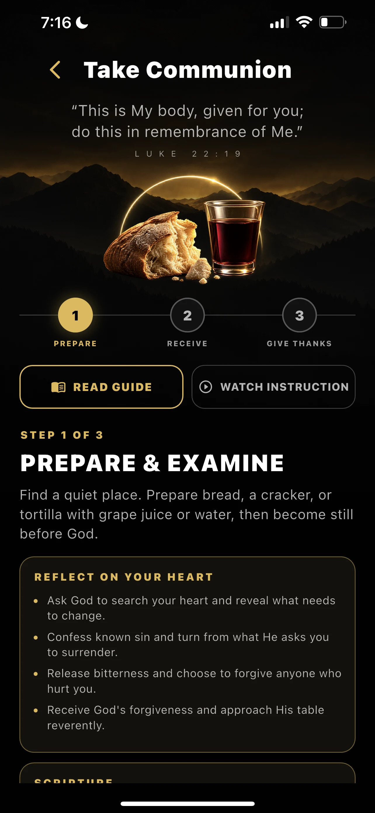 Full iPhone screen for Communion step 1, Prepare and Examine