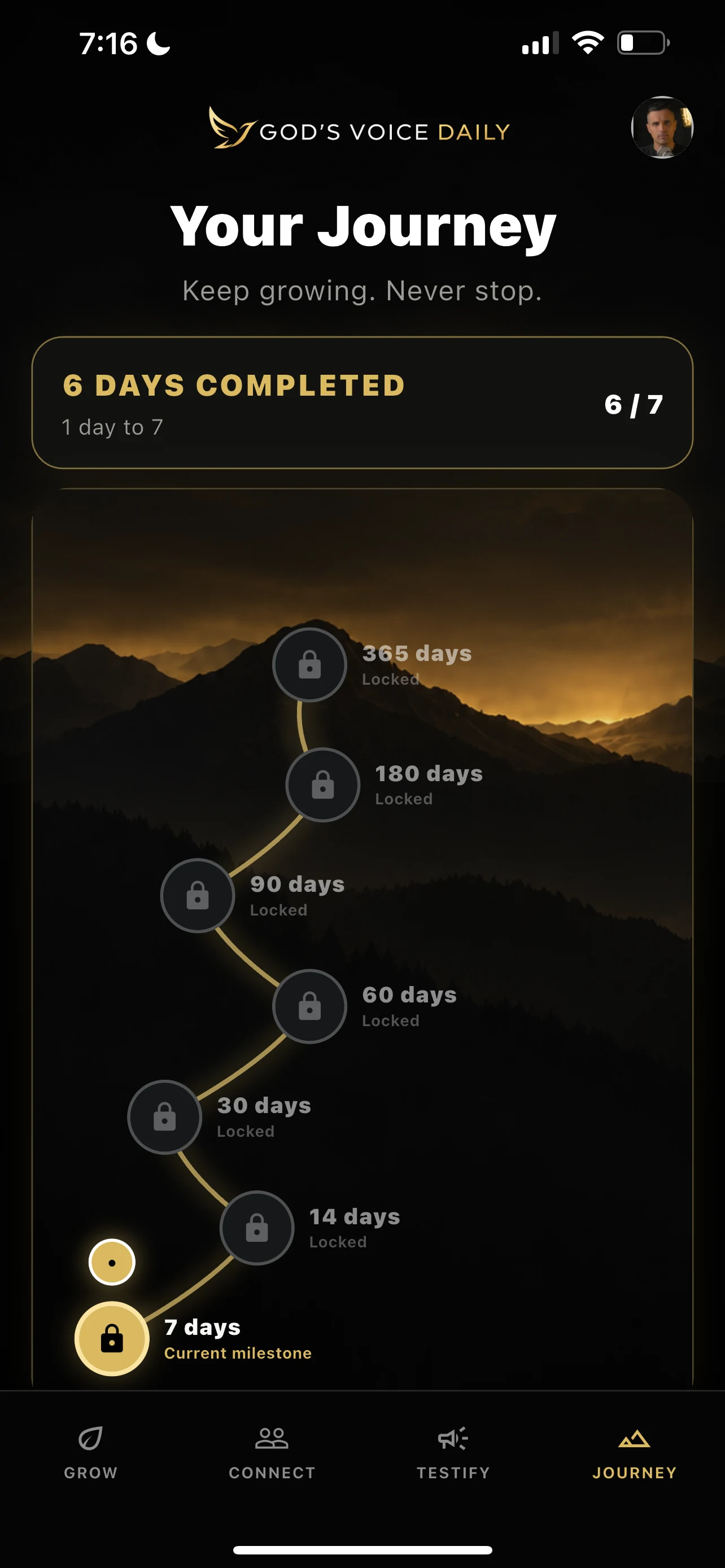 Full iPhone screen showing Journey milestones