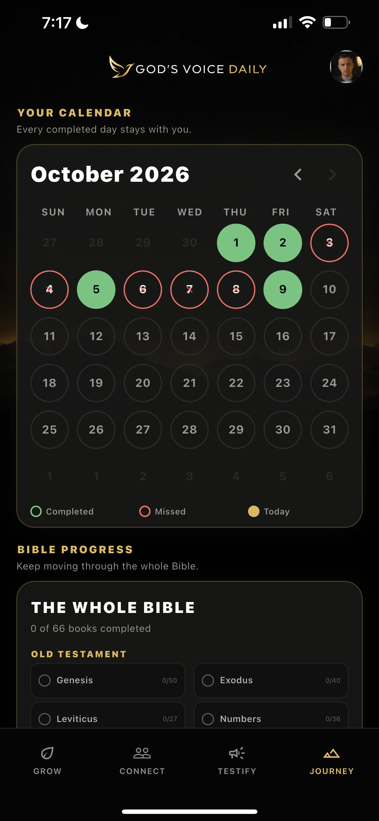 Full iPhone screen showing the Journey calendar and Bible progress