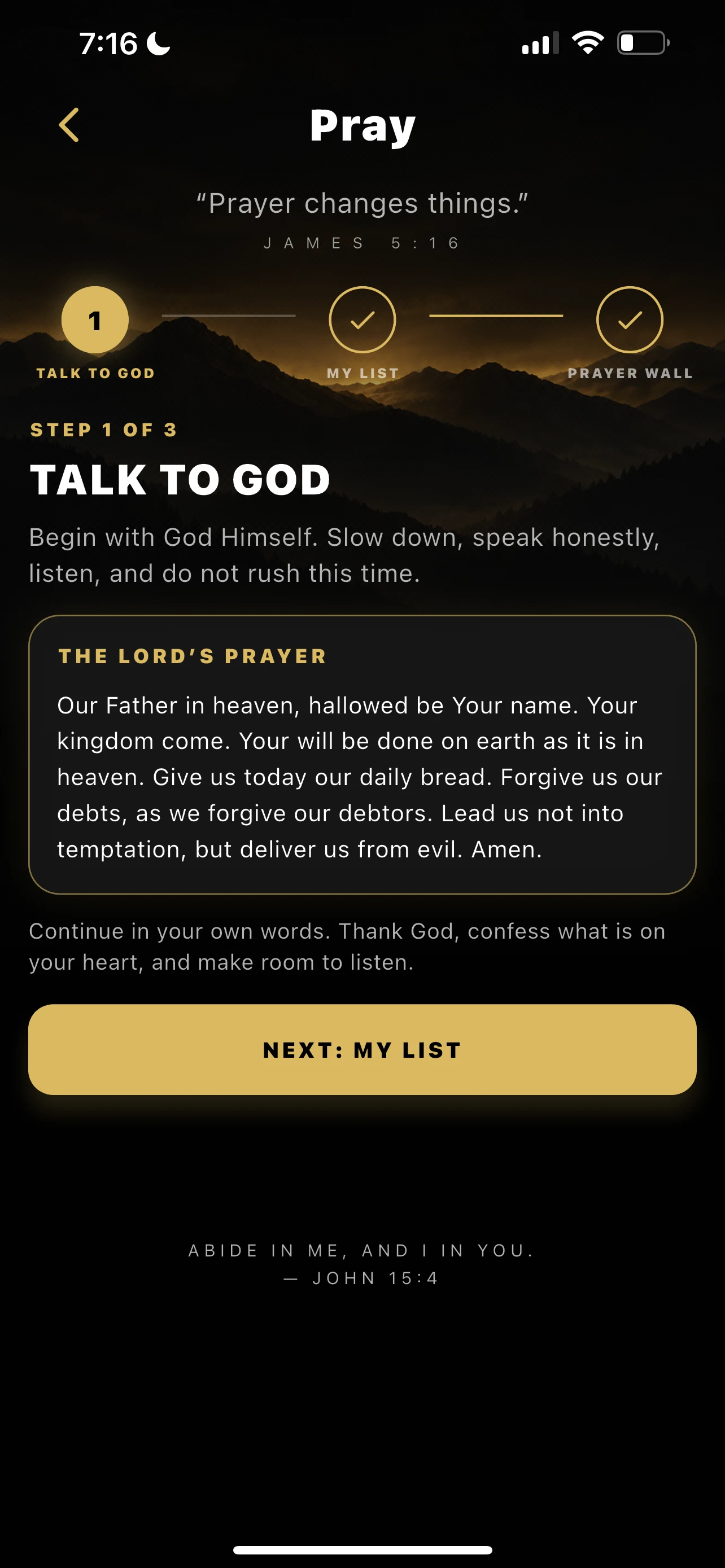 Full iPhone screen for Pray step 1, Talk to God