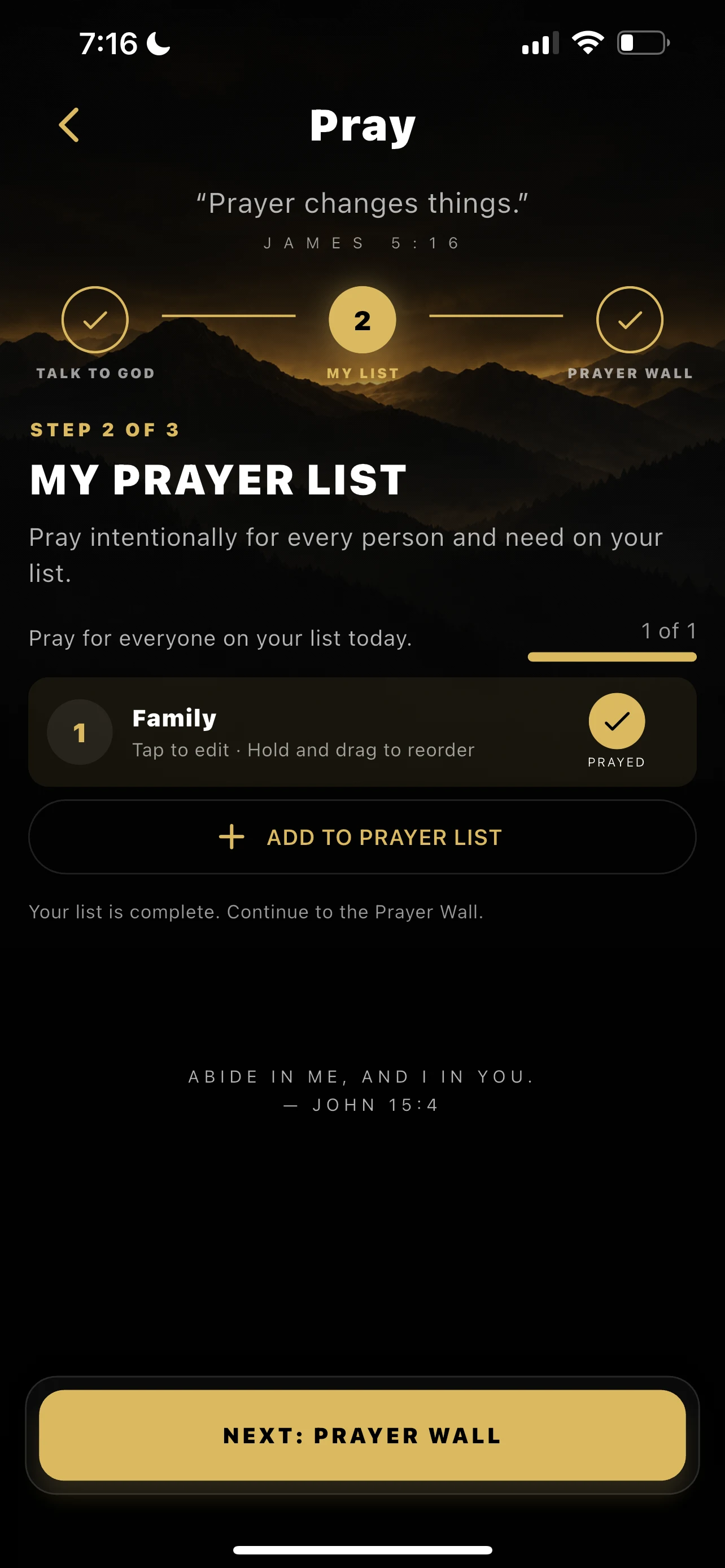 Full iPhone screen for Pray step 2, My Prayer List