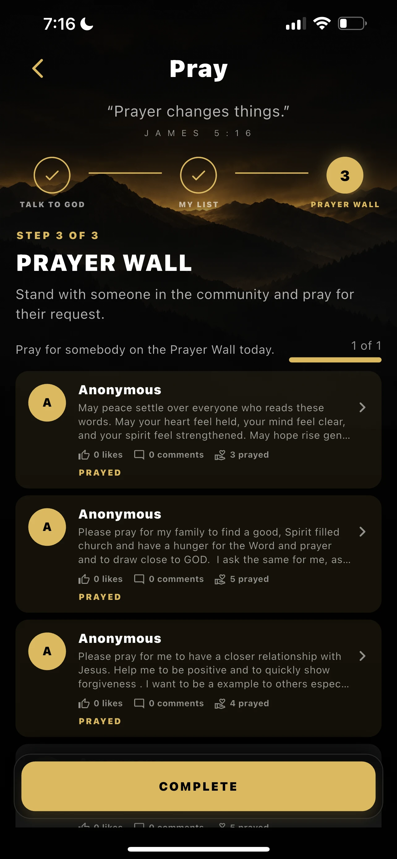 Full iPhone screen for Pray step 3, Prayer Wall