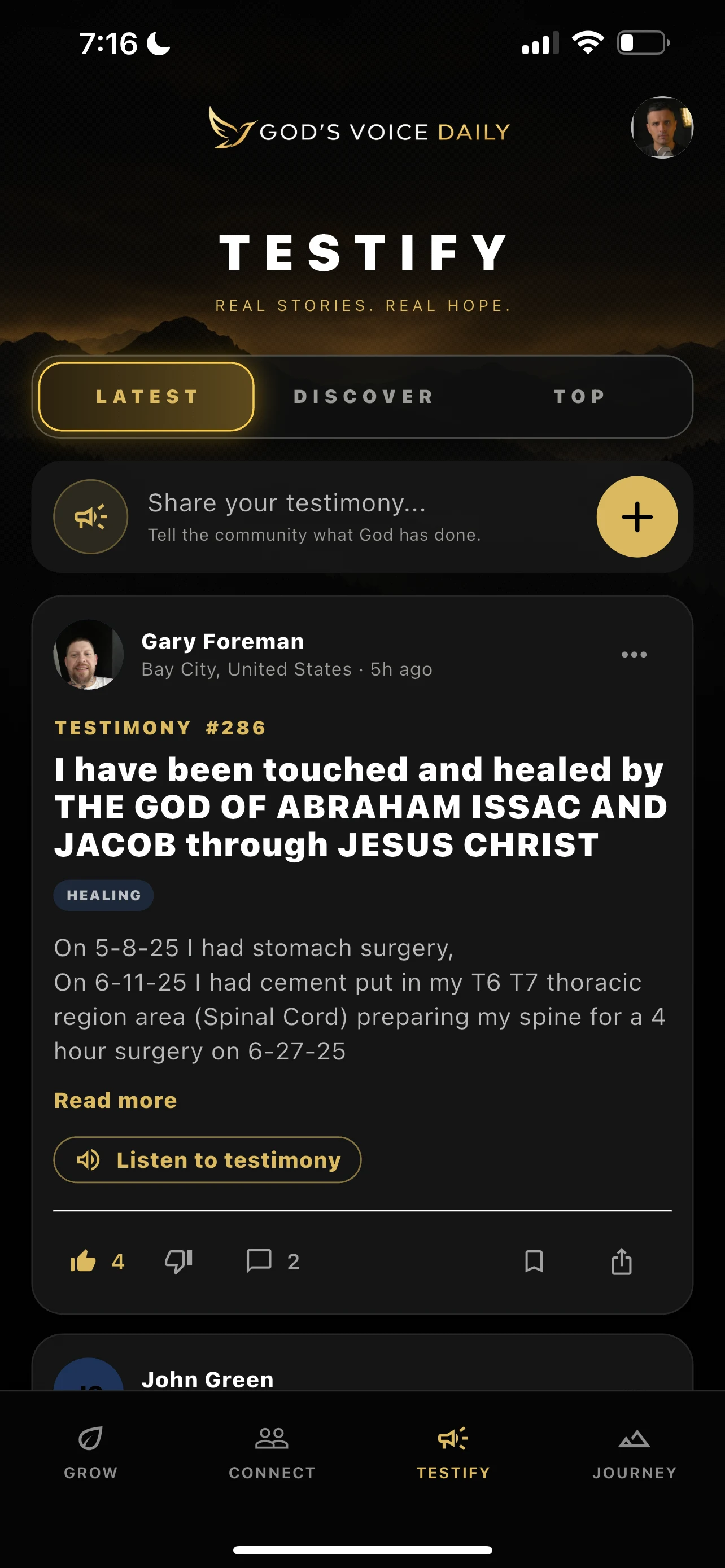 Full iPhone screen showing the latest testimonies