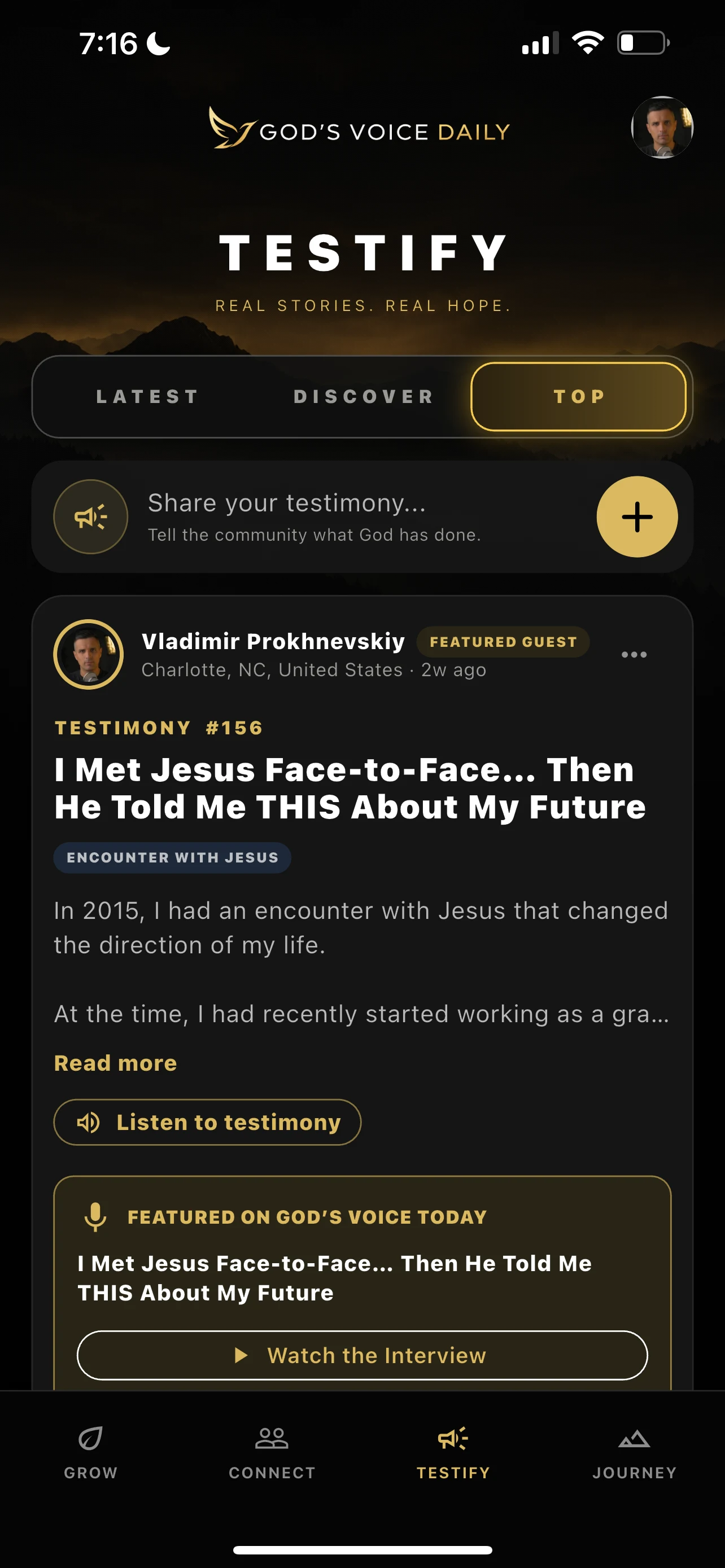 Full iPhone screen showing top testimonies