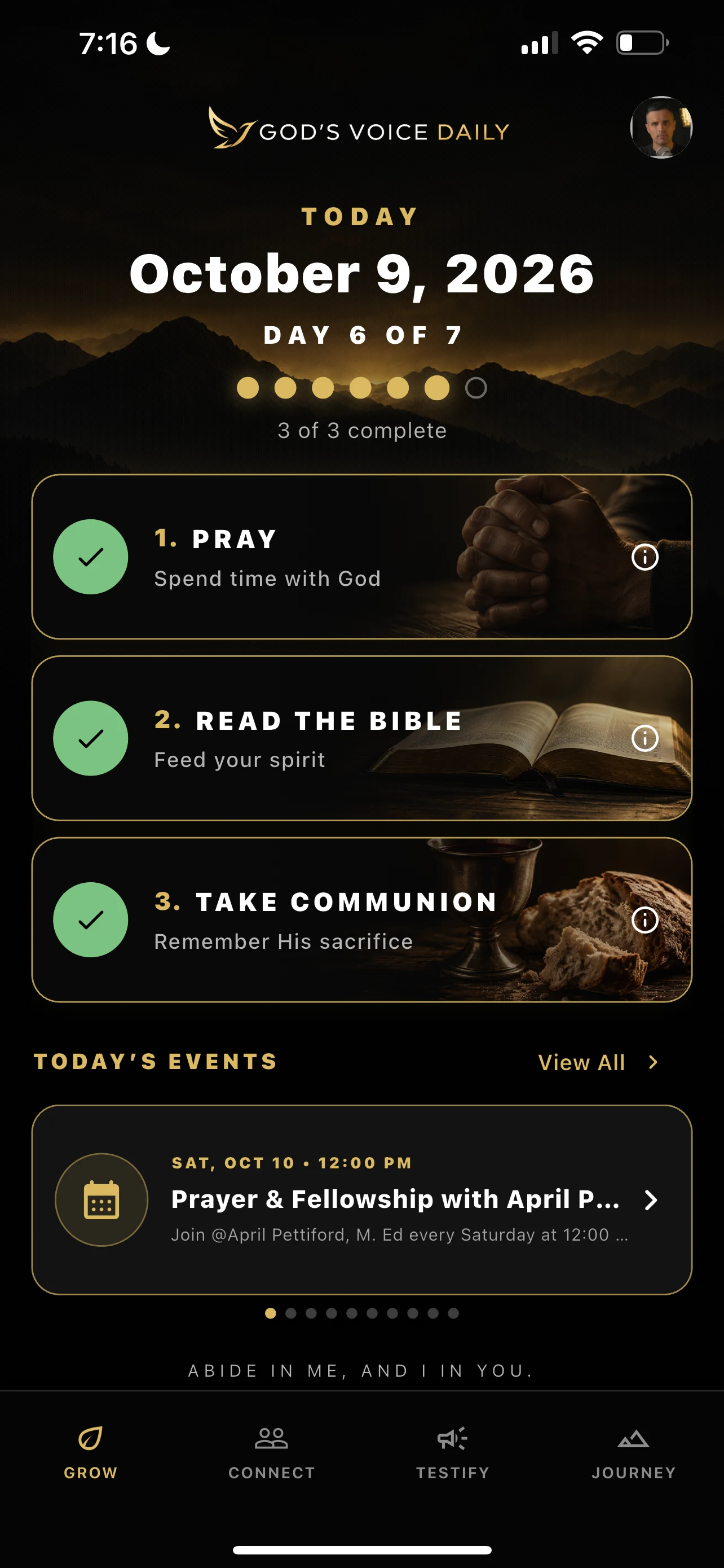 Full iPhone view of the God’s Voice Daily Today screen showing all three completed daily practices